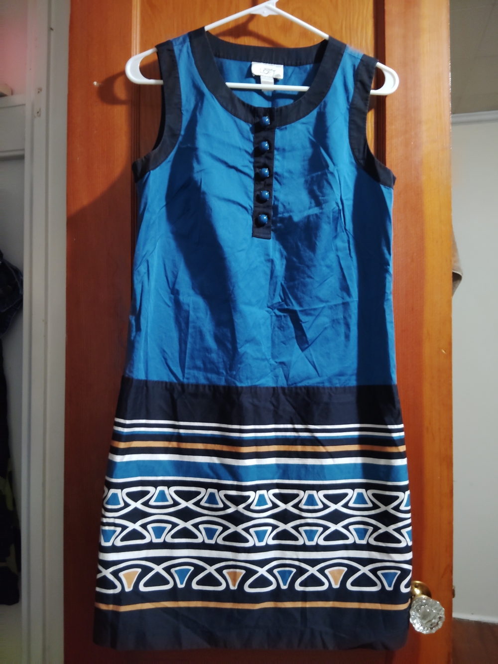 Ann Taylor Teal and Black Sleeveless Shift Dress with Striped & Geometric Hem
